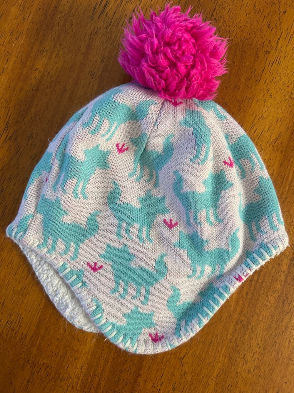 North Face Kids Pom Pom Knit Beanie Hat - Pink Pom, Teal Fox Print 2T